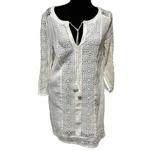 New Lucky Brand Boho Tunic Dress Sz S White Embroidered Lined Peasant‎ nautical